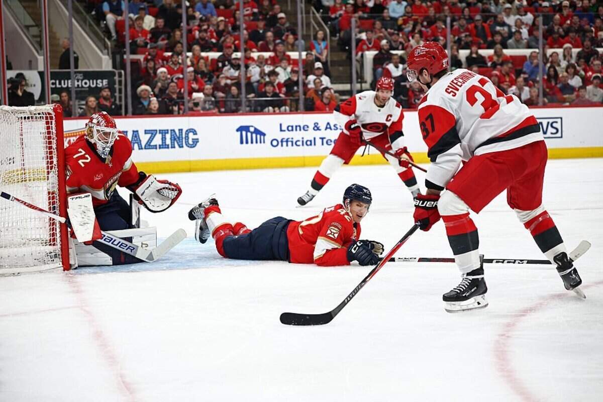 RALEIGH, NORTH CAROLINA - DECEMBER 23: Andrei Svechnikov #37 of the Carolina Hurricanes looks to shoot against Sergei Bobrovsky #72 of the Florida Panthers during the second period of the game at Lenovo Center on December 23, 2025 in Raleigh, North Carolina. (Photo by Jared C. Tilton/Getty Images)