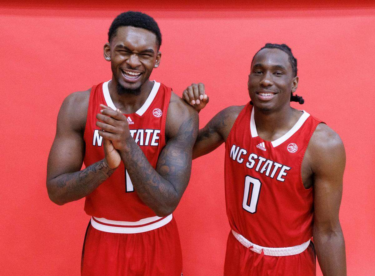 N.C. State’s Brandon Huntley-Hatfield and Mike James pose for a portrait during media day on Thursday, Sept. 19, 2024, in Raleigh, N.C.