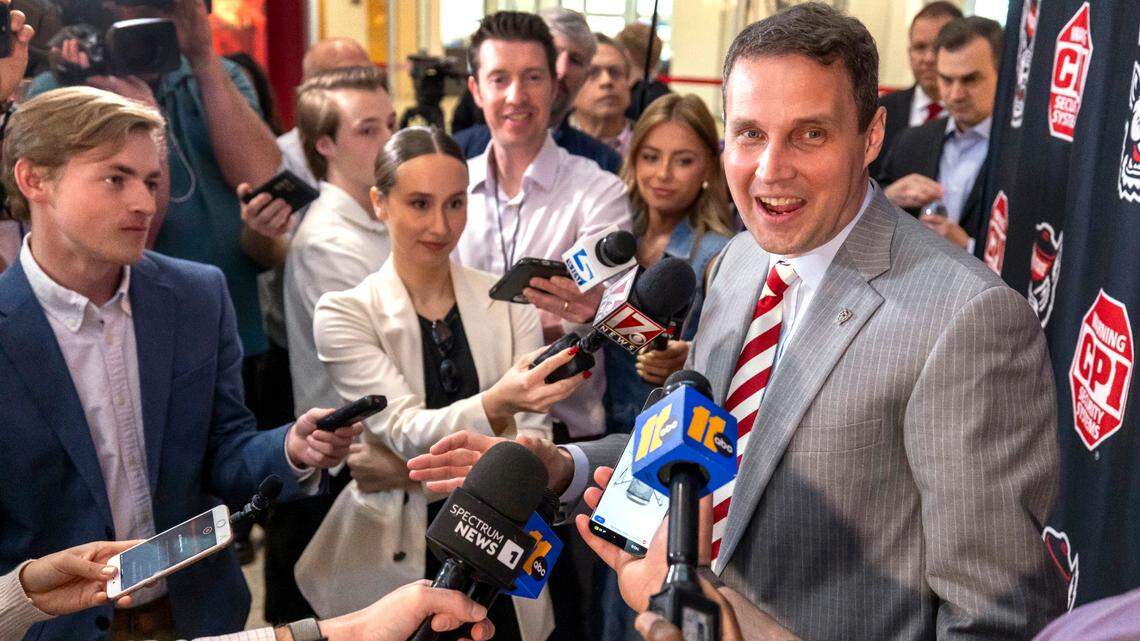 New N.C. State men’s basketball coach Will Wade has an informal gaggle with the media following his introduction on Tuesday, March 25, 2025 at Reynolds Coliseum in Raleigh, N.C.