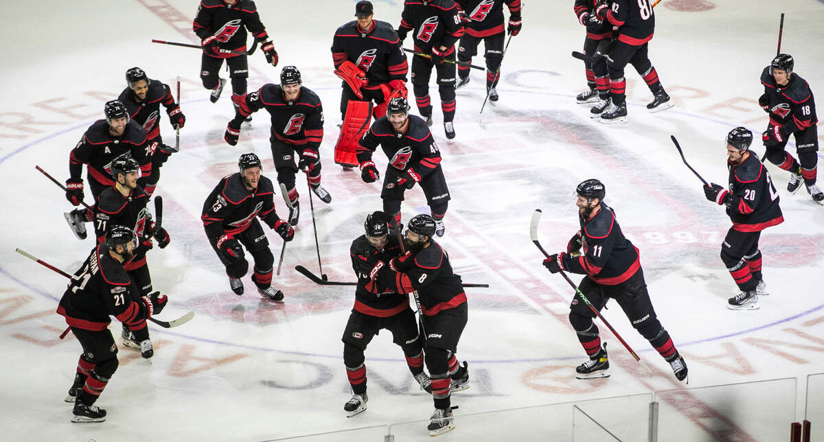 Carolina’s Hurricanes’ celebrate their 3-2 victory over Ottawa on Tuesday, April 4, 2023 at PNC Arena in Raleigh, N.C.