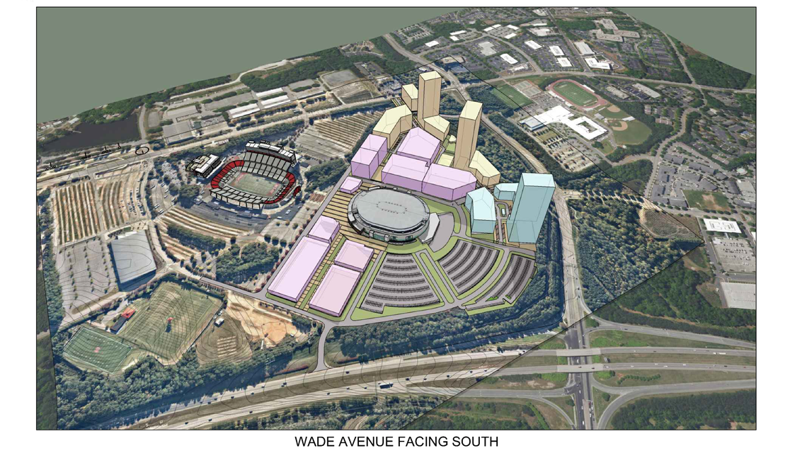 A rendering of what the area around the Lenovo Center in West Raleigh might look like if the city grants a rezoning request filed by the Carolina Hurricanes and their development partner, Pacific Elm Properties. The development does not include Carter-Finley Stadium, left, and its parking lots. Wade Avenue in the foreground and Edwards Mill Road right.