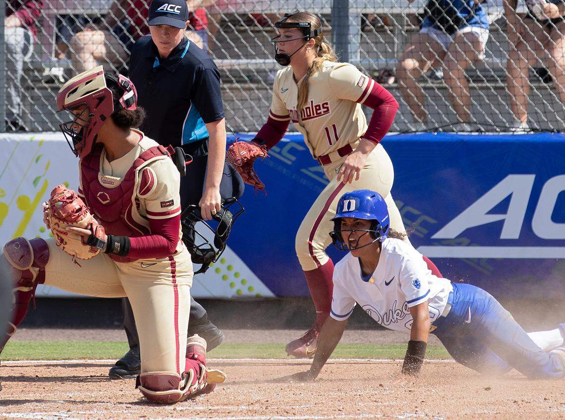 Duke’s Aleyah Terrell reacts after scoring during the fourth inning of the Blue Devils’ 6-3 win over Florida State in the ACC Tournament final on Saturday, May 11, 2024, in Durham, N.C.