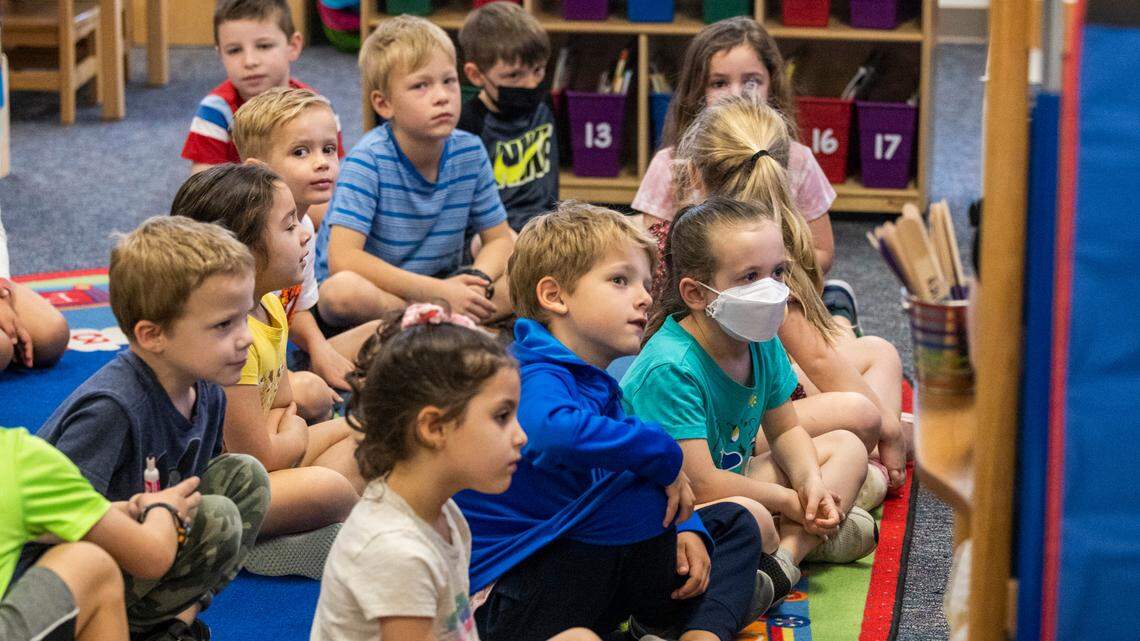 Kindergarten students at Scotts Ridge Elementary in Apex get a lesson from their teacher on March 7, 2022.