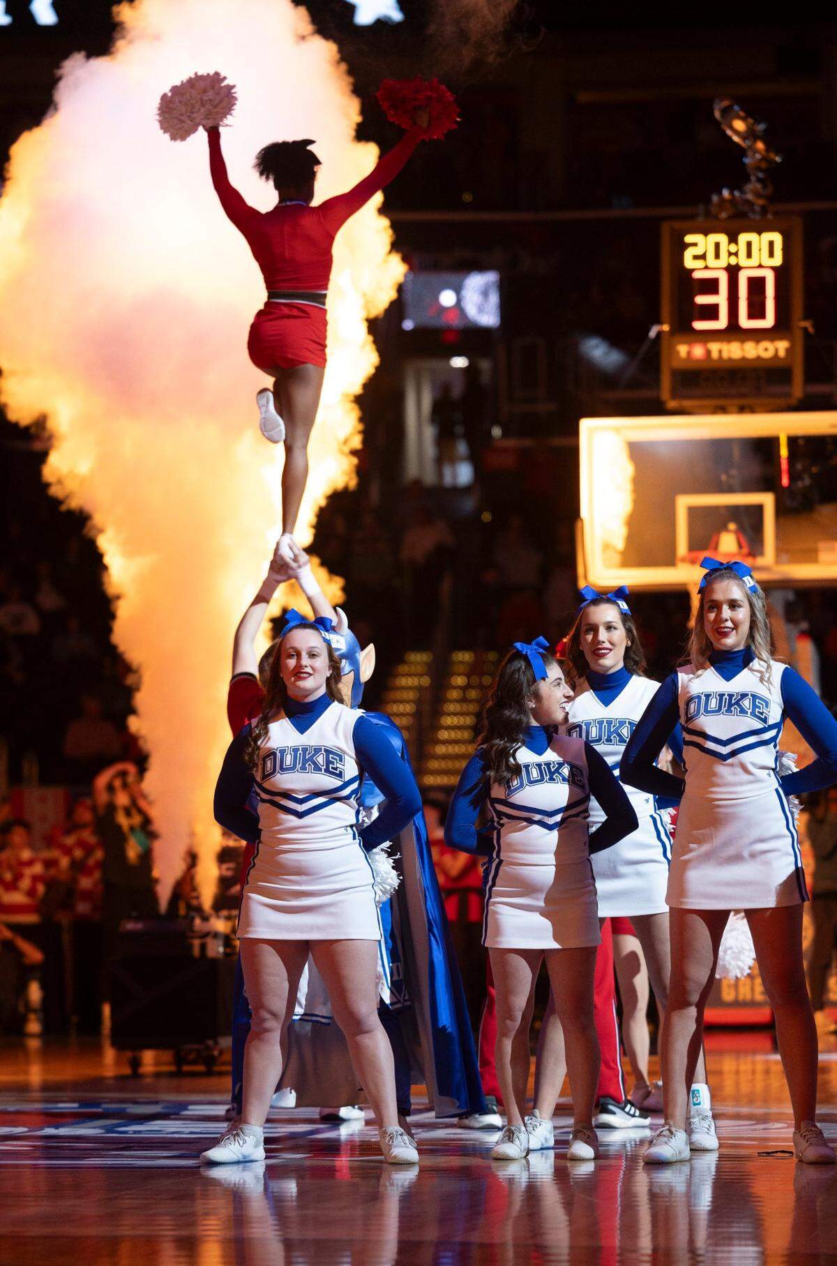 N.C. State and Duke players are introduced with pyrotechnics prior to their game the quarterfinals of the ACC Men’s Basketball Tournament at Capitol One Arena on Wednesday, March 13, 2024 in Washington, D.C.