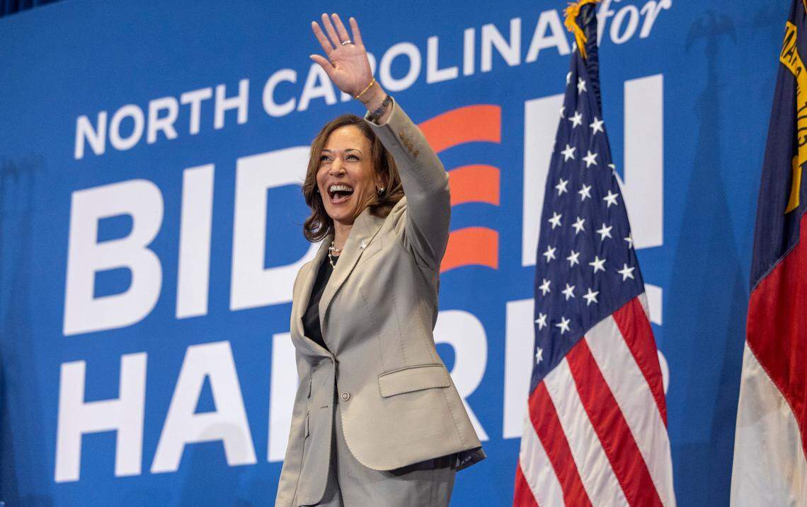 Vice President Kamala Harris arrives for a rally during a campaign stop at Westover High School on Thursday, July 18, 2024 in Fayetteville, N.C.