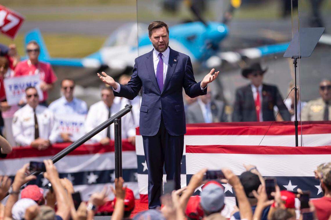 Republican vice presidential nominee JD Vance encourages the crowd at a rally featuring him and Donald Trump in Asheboro, N.C. Wednesday afternoon, Aug. 21, 2024.