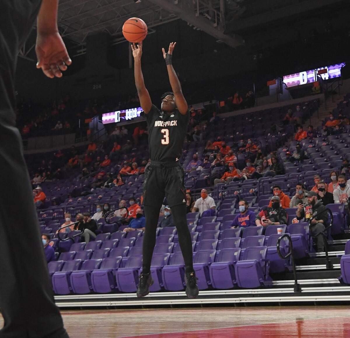 NC State guard Cam Hayes (3) shoots a three during the game against Clemson on Jan 5, 2021 in Clemson, South Carolina.
