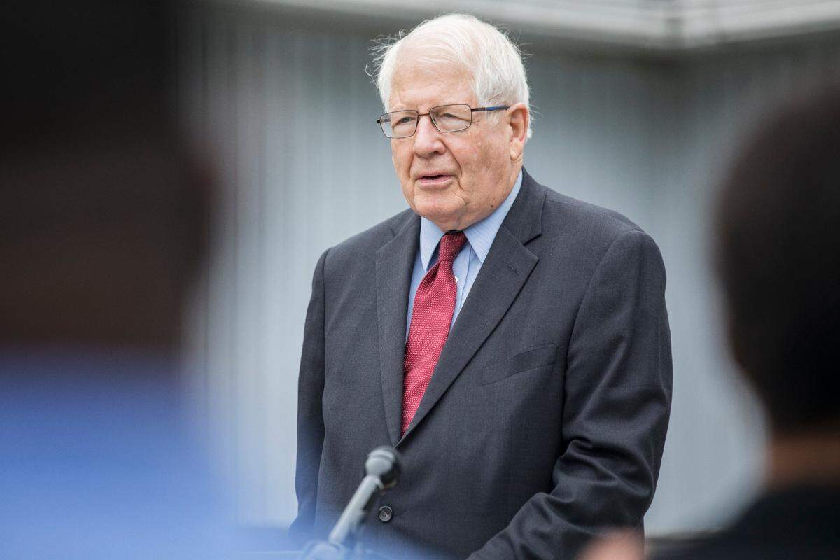 Rep. David Price speaks during a press conference at the Community School for People Under Six in Carrboro on Oct. 7, 2021.