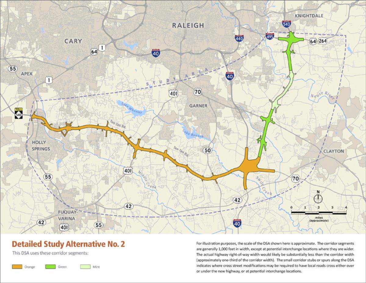 The final legs of N.C. 540, the Triangle Expressway, would stretch 28.4 miles from Holly Springs to Knightdale and cross Swift Creek.