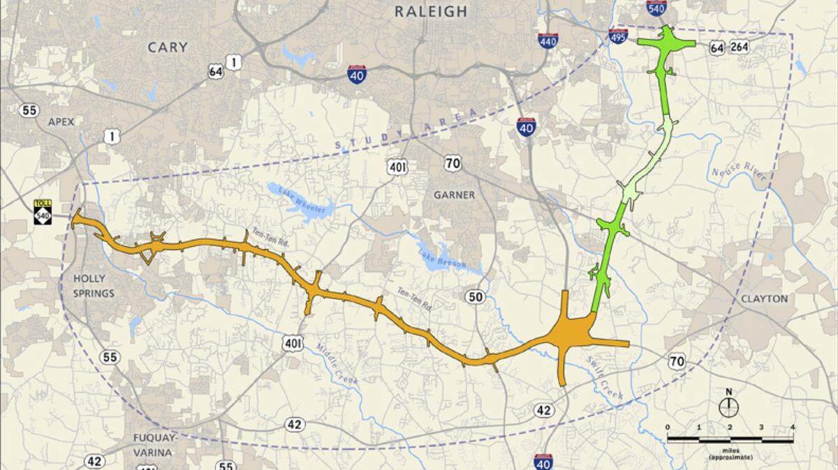 The final legs of N.C. 540, the Triangle Expressway, would stretch 28.4 miles from Holly Springs to Knightdale and cross Swift Creek.