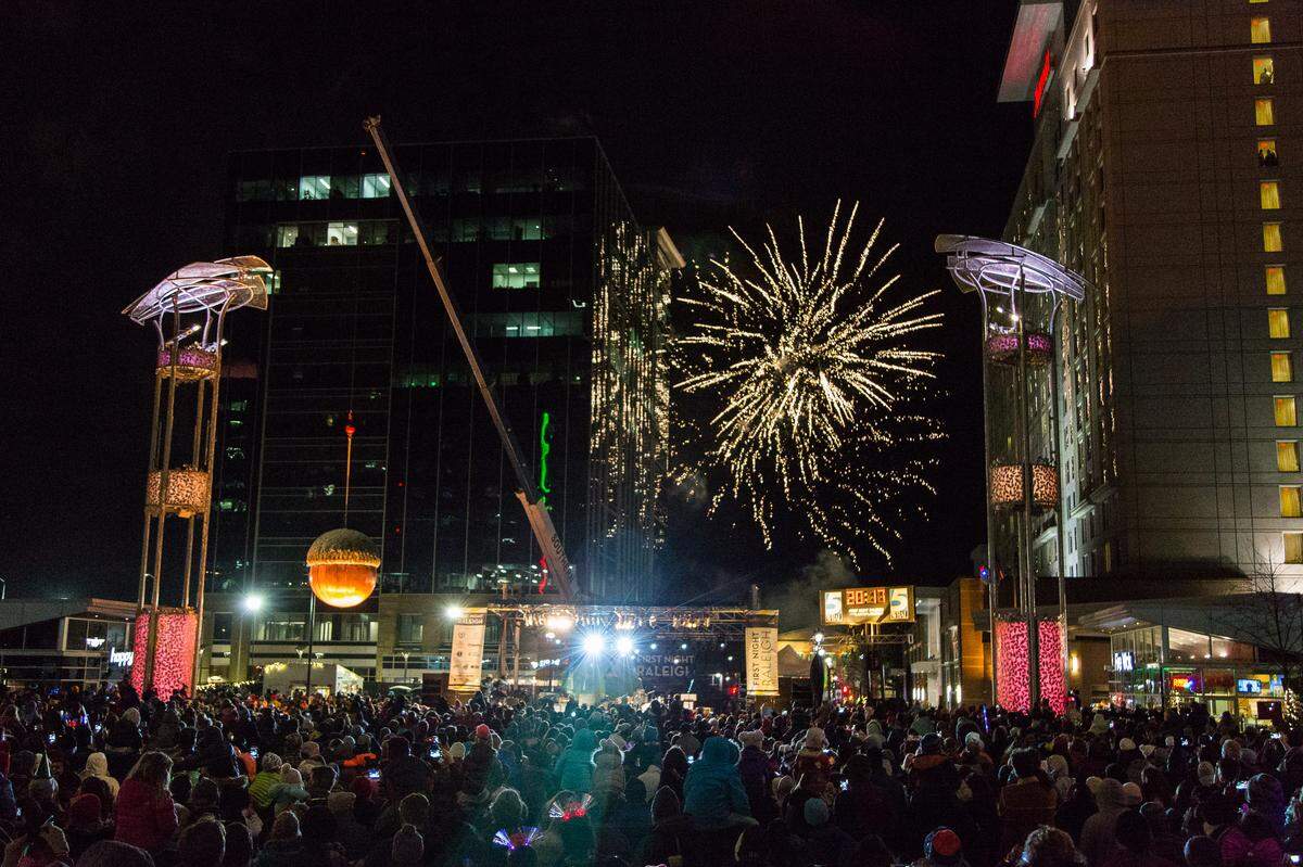 First Night Raleigh features two acorn drops, one for kids at 7 p.m. and one at midnight. Activities are along Fayetteville Street and around downtown.