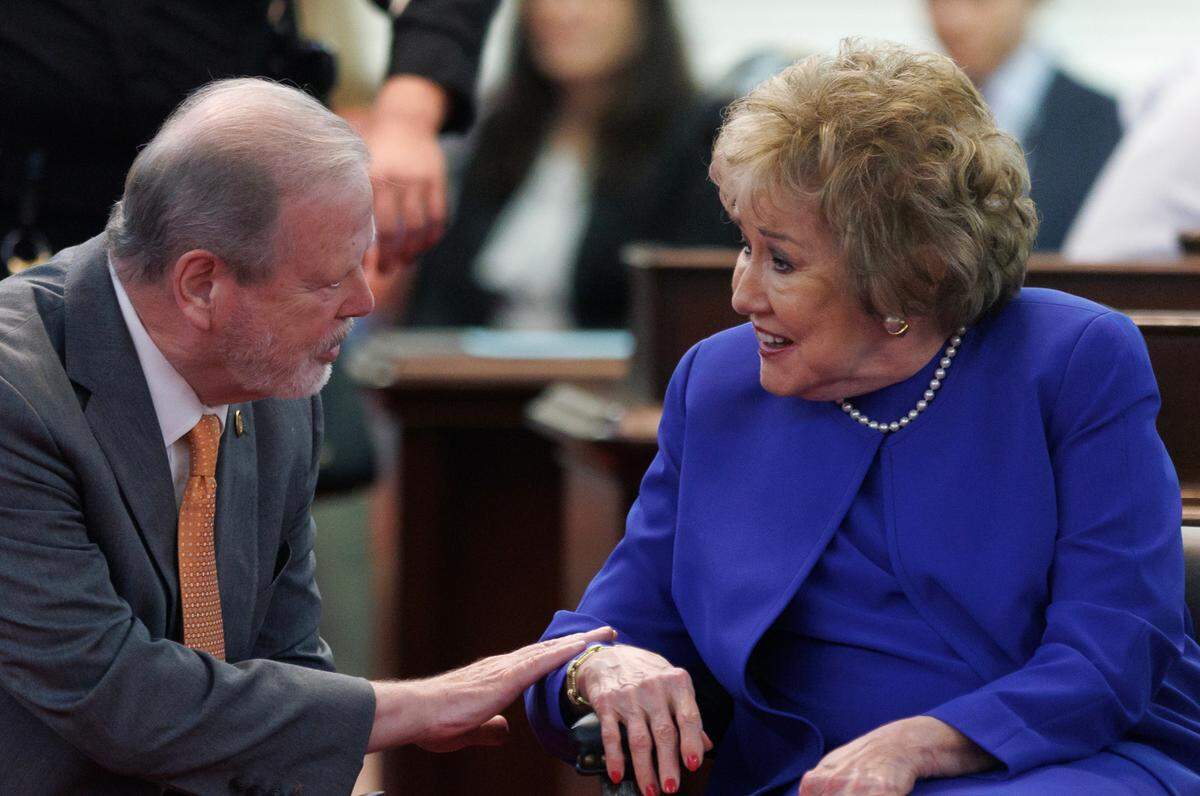 Senate President Pro Tempore Phil Berger talks with former U.S. Sen. Elizabeth Dole following a special ceremony in the Senate chamber of the Legislative Building on Wednesday, June 4, 2025, in Raleigh, N.C.