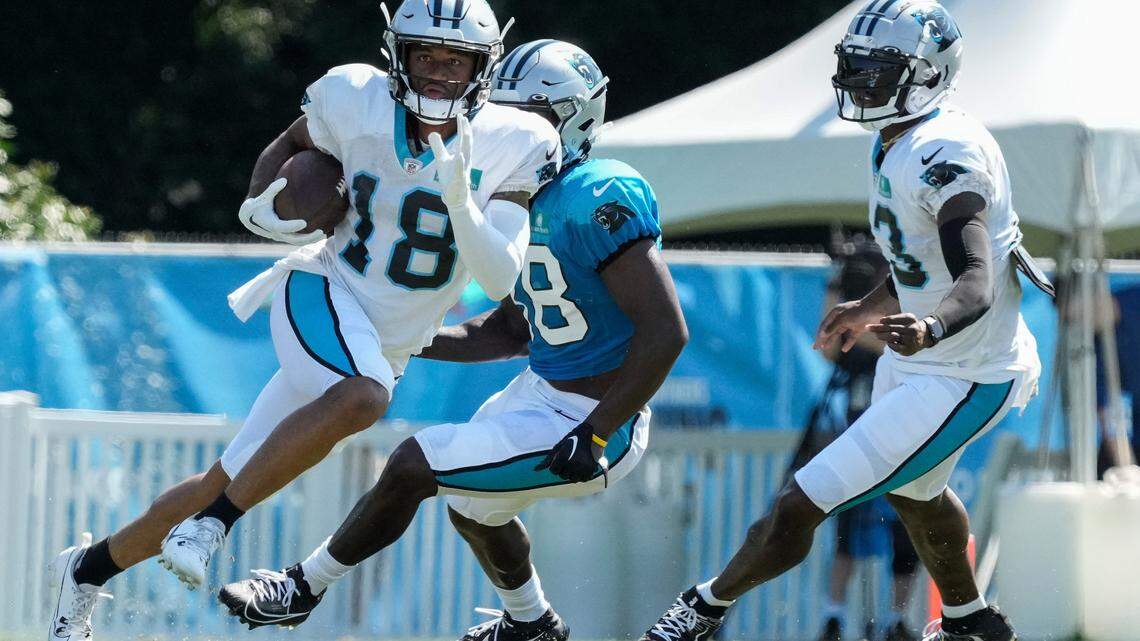 Carolina Panthers wide receiver Damiere Byrd (18) cuts back on a run drill during training camp at Wofford College. (Jim Dedmon-USA TODAY Sports)