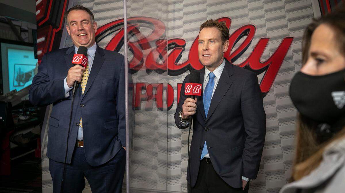 Hurricanes’ television play-by-play announcer Mike Maniscalco and analyst Tripp Tracy prepare for their broadcast of game two of the Carolina Hurricanes vs. Nashville series on Wednesday, May 19, 2021 at PNC Arena in Raleigh, N.C. Maniscalco replaces John Forslund who left after 25 years, unable to negotiate a new contract