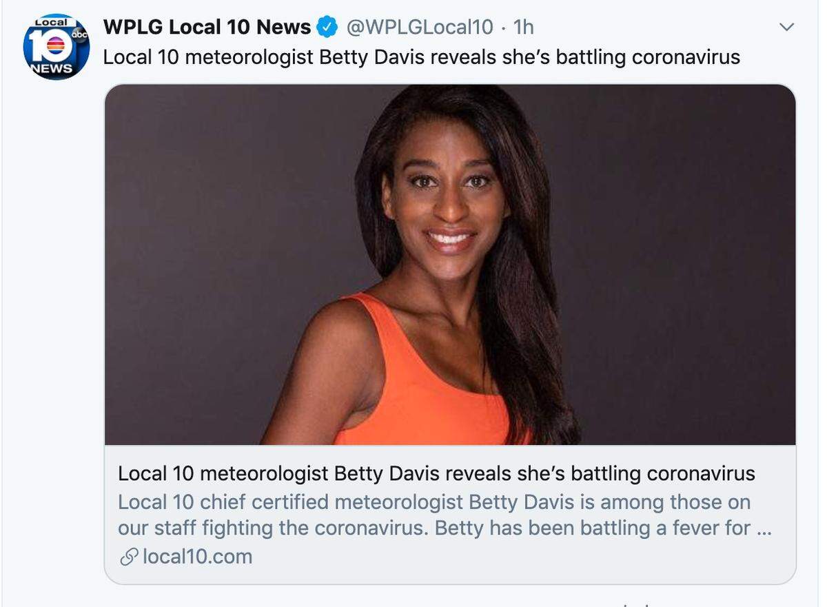 WPLG Local 10 meteorologist Betty Davis, who worked at WTVD ABC11 from 2002 to 2005, has been hospitalized in Miami with COVID-19 coronavirus.