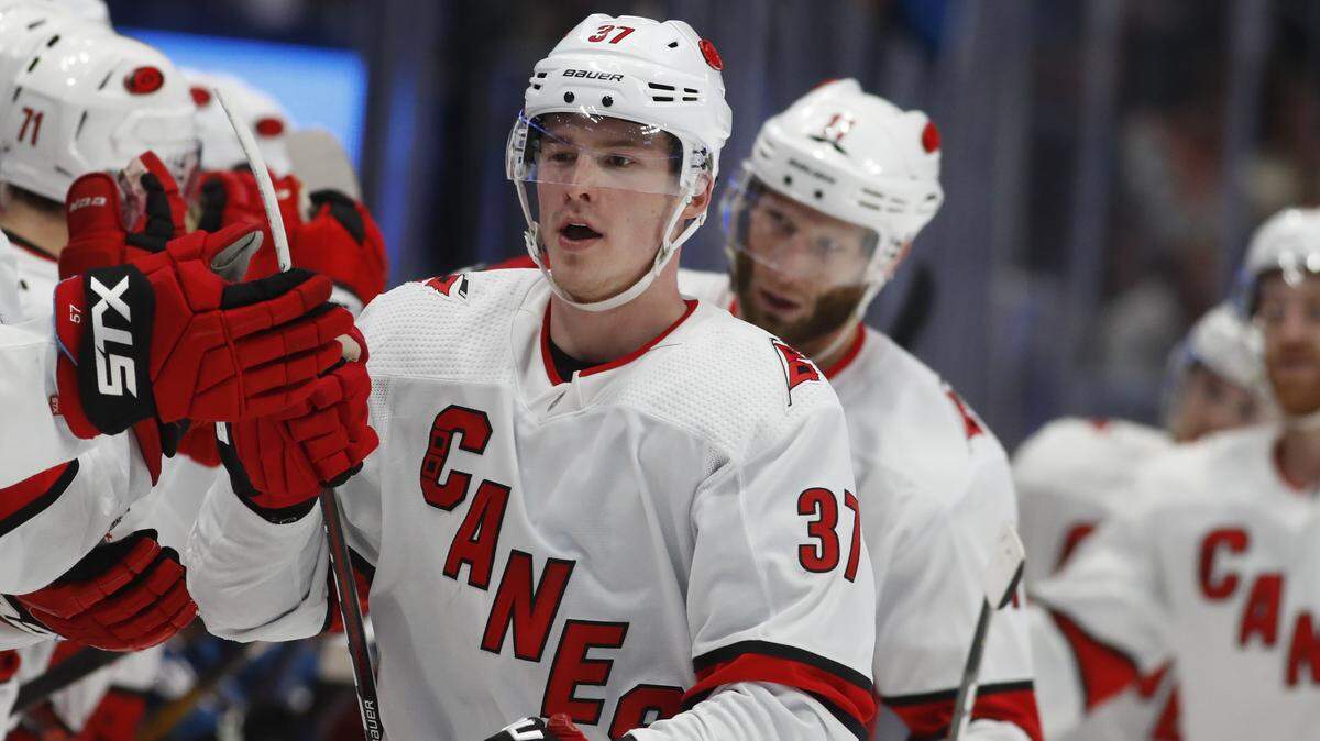 Carolina Hurricanes right wing Andrei Svechnikov (37) in the third period of an NHL hockey game Thursday, Dec. 19, 2019, in Denver. Carolina won 3-1. (AP Photo/David Zalubowski)