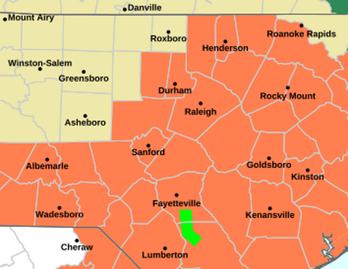 This area of North Carolina, in orange, is under a heat advisory on Saturday, July 19, 2025. The green area is an additional flood warning.