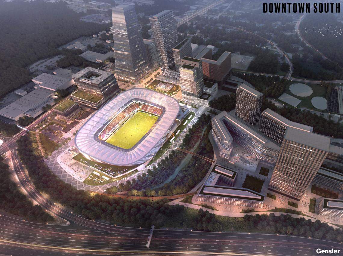 A rendering of Downtown South, a proposed 55 acres of development south of downtown Raleigh that includes a 20,000-seat stadium that would be surrounded by nearly $2 billion worth of private development.