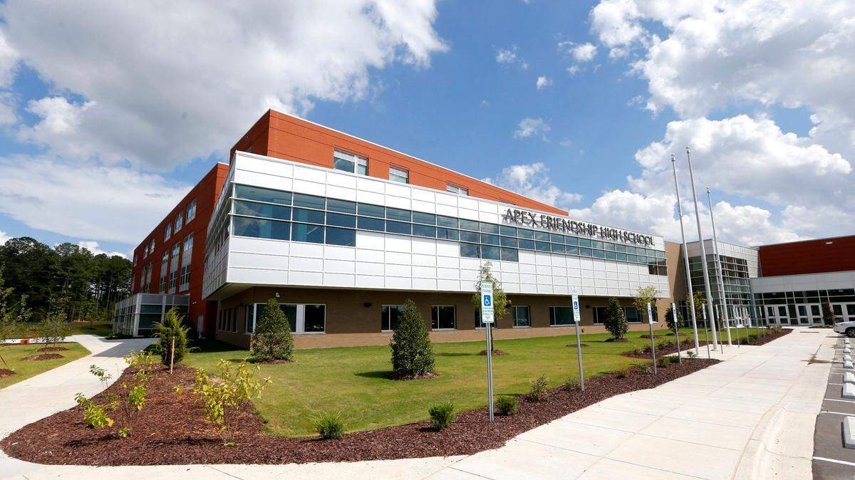 The front of Apex Friendship High School in Apex, N.C., in this 2015 file photo. The school is so crowded that an enrollment cap has led to 300 students being sent to Apex High instead.