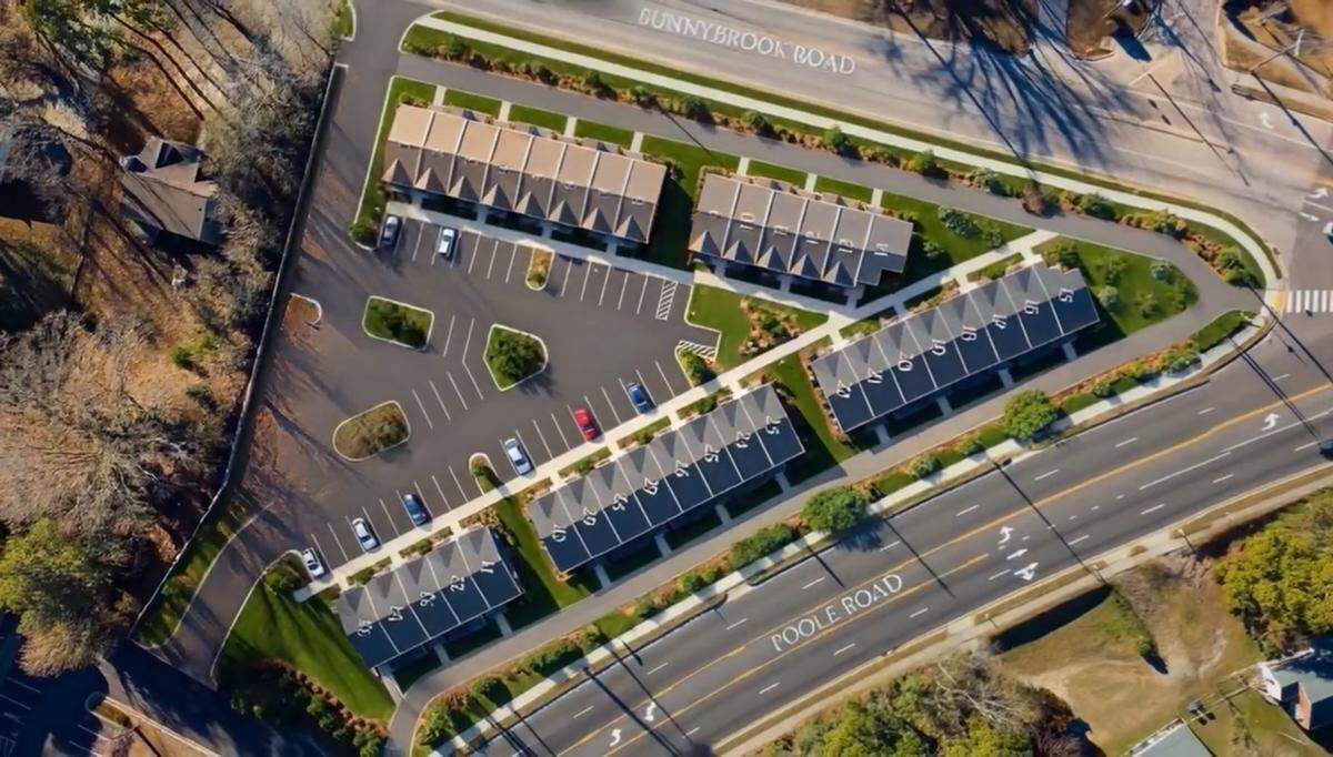 An aerial rendering of PNTE35, a new 35 unit townhome community at the corner of Poole Road and Sunnybrook Road in southeast Raleigh.