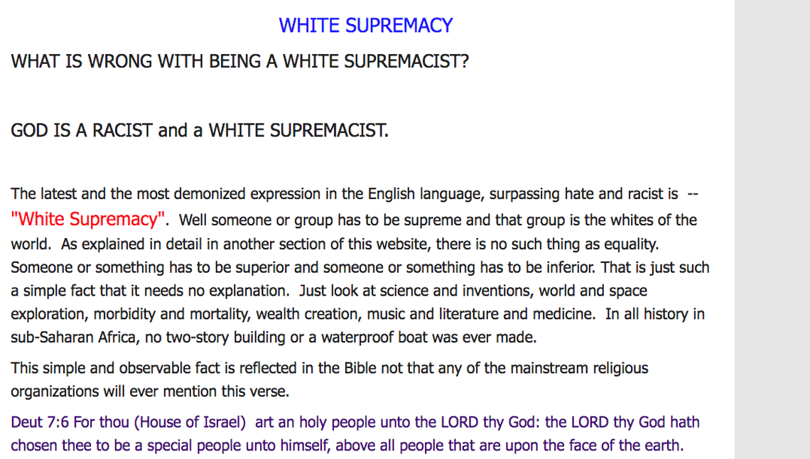 A website tied to a candidate for the North Carolina General Assembly says God is a racist white supremacist and that Jews are descended from Satan.