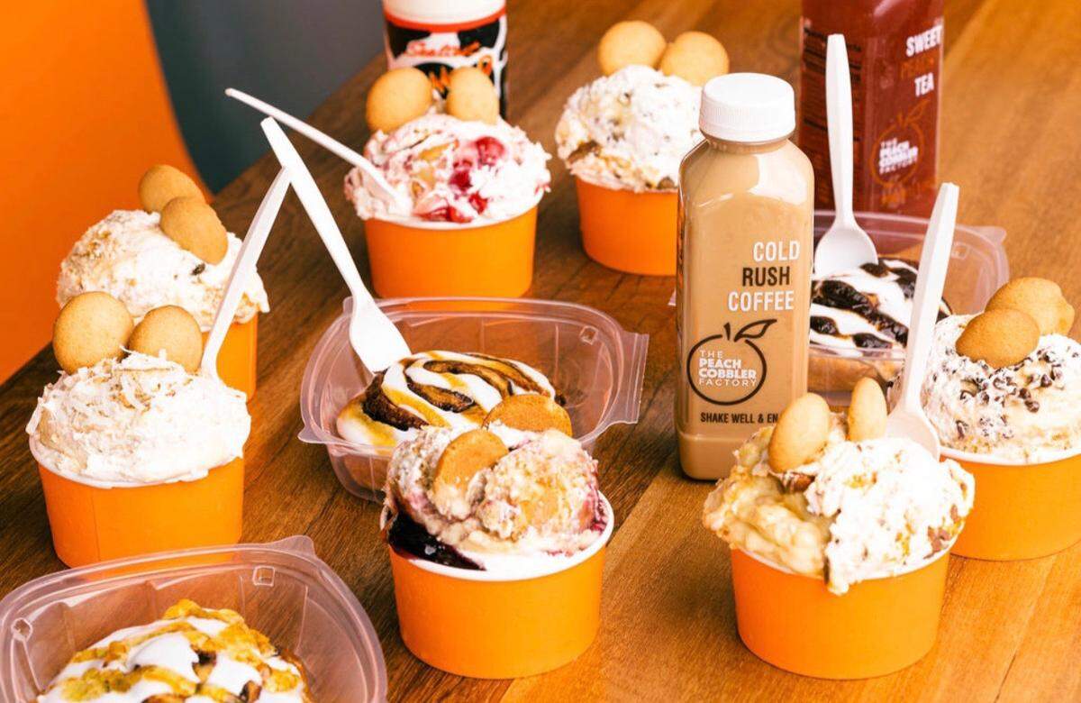 The Peach Cobbler Factory offers a variety of cobblers, banana pudding, cookies, brownies, cinnamon rolls and waffles.