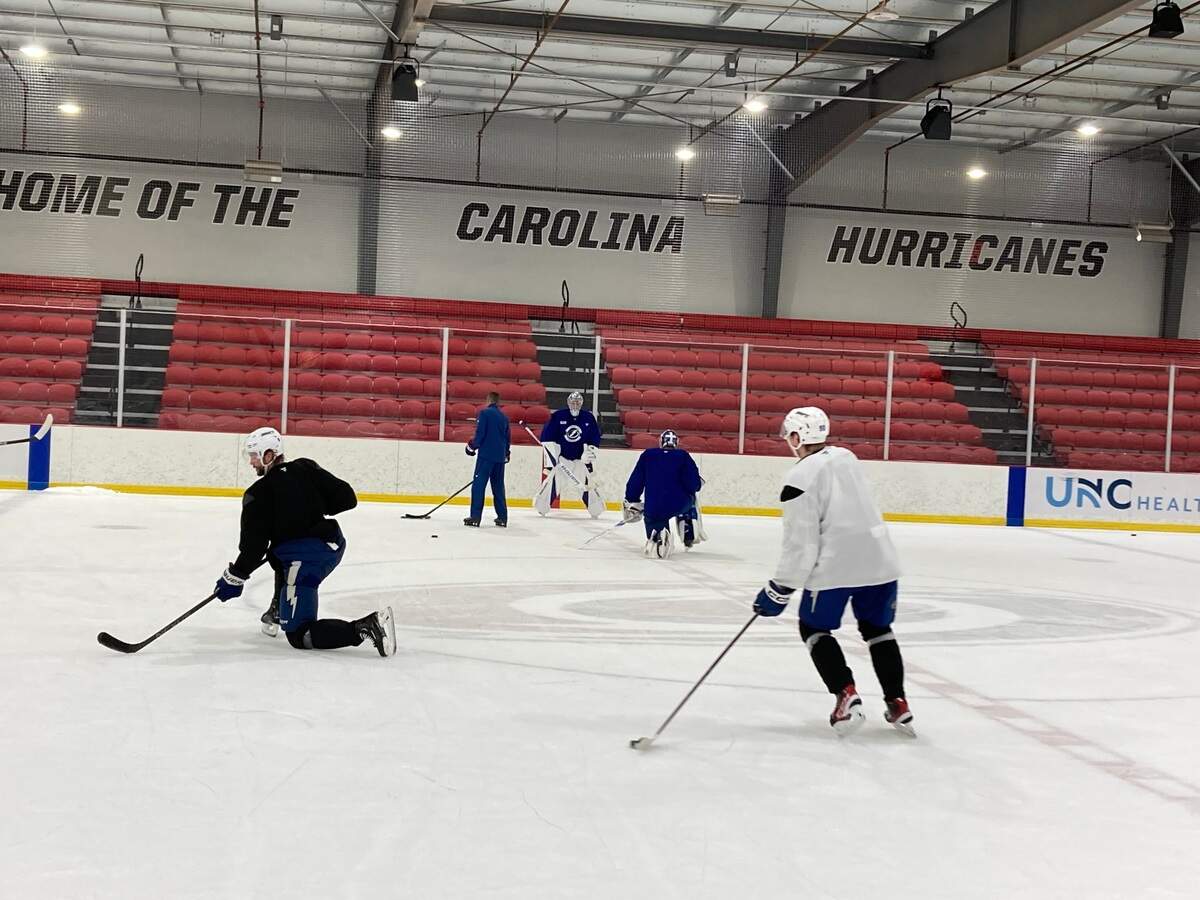 The Tampa Bay Lightning practice Tuesday, Oct. 8, 2024 at Invisalign Arena in Morrisville, NC., the Carolina Hurricanes’ practice facility.