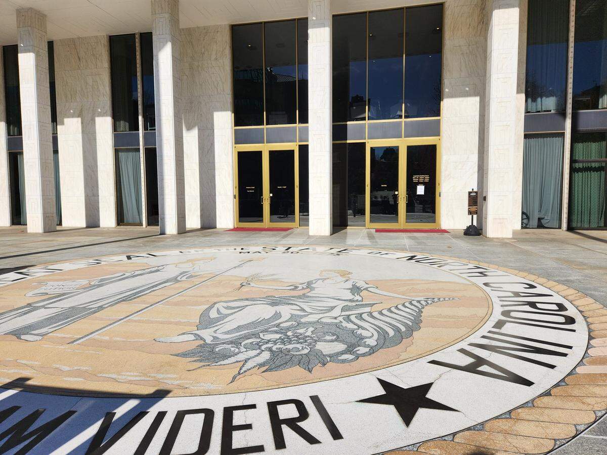 The state seal of North Carolina in front of the Legislative Building, where the General Assembly convenes, photographed on Nov. 23, 2022.