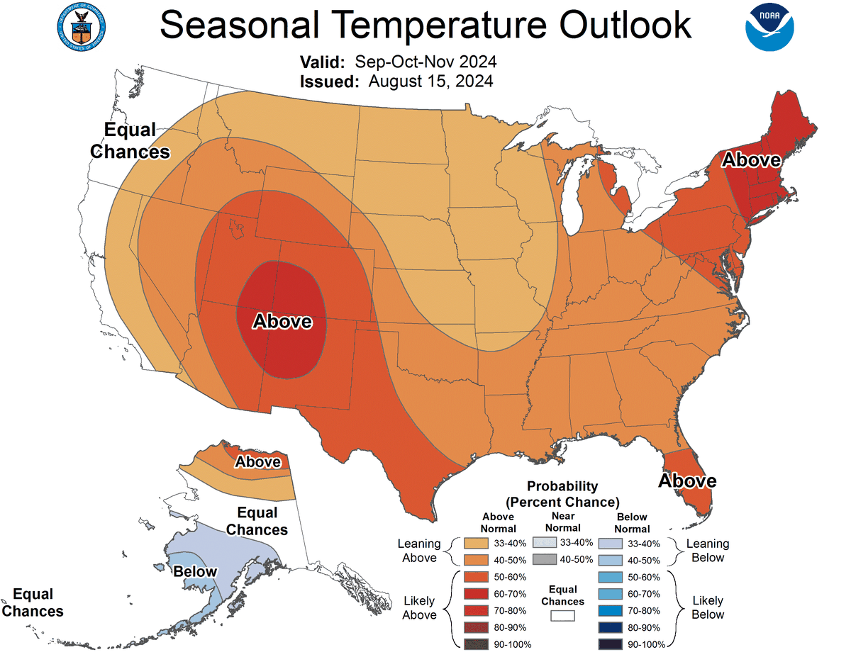 The Climate Prediction Center at NOAA foresees a warmer-than-average fall in North Carolina. Autumn begins Sept. 22.