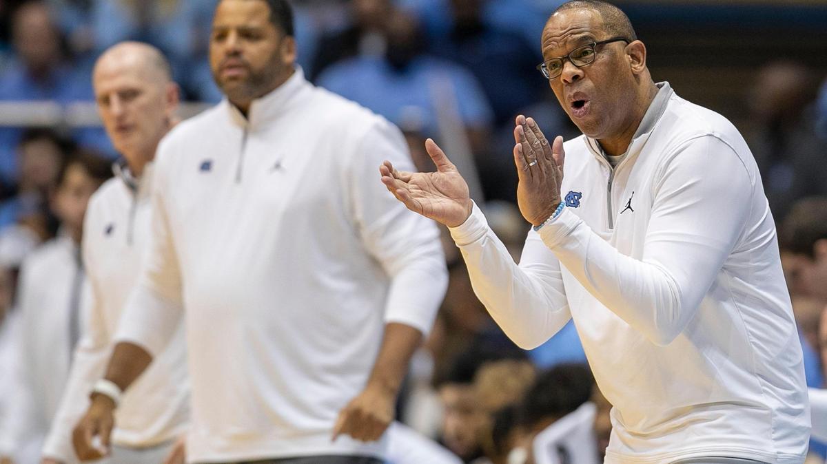 North Carolina coach Hubert Davis applauds his team’s performance in the first half against James Madison on Sunday, November 20, 2022 at the Smith Center in Chapel Hill, N.C.