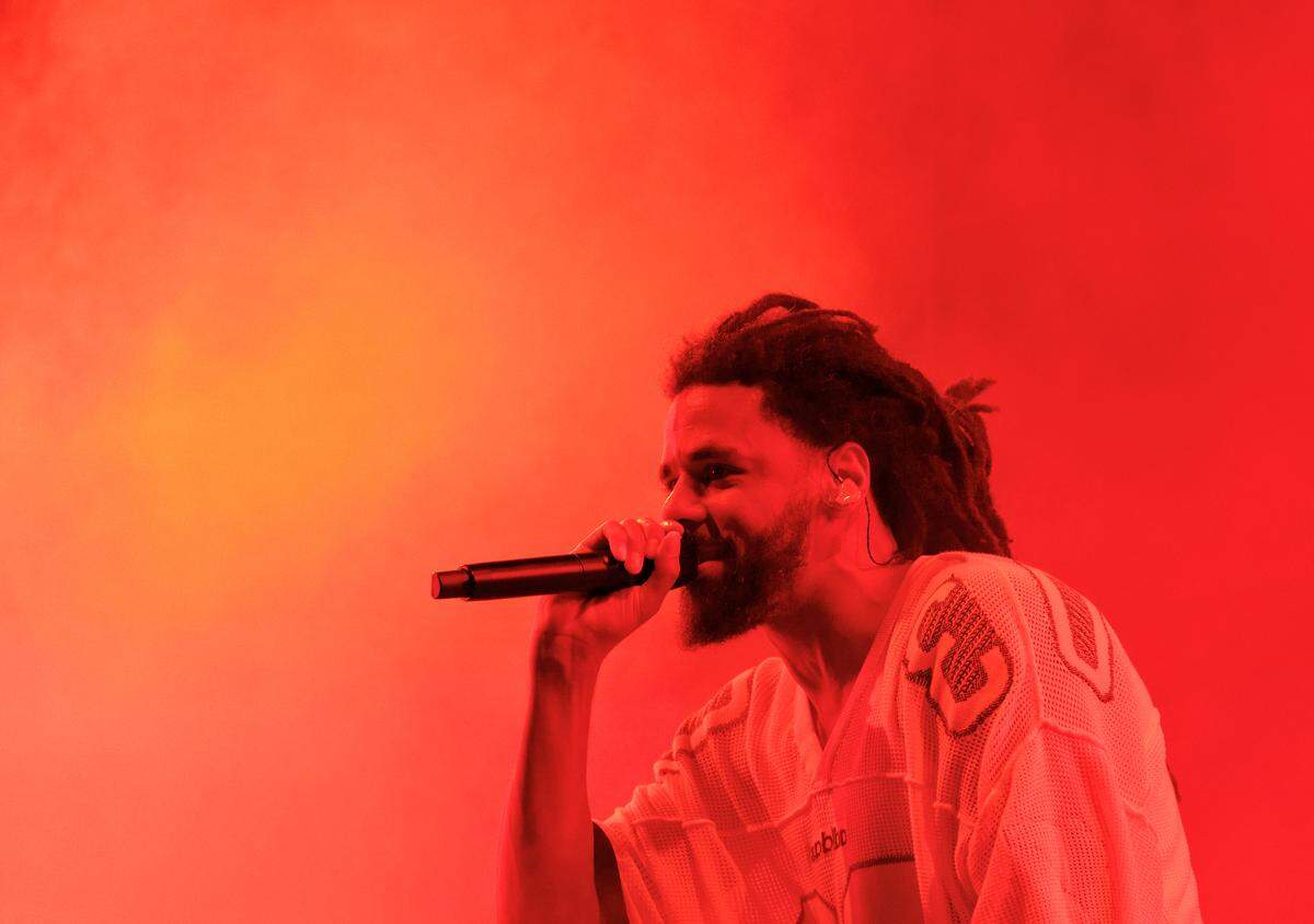 J. Cole performs during the fifth Dreamville Festival on Sunday, April 6, 2025, at Dorothea Dix Park in Raleigh, N.C.