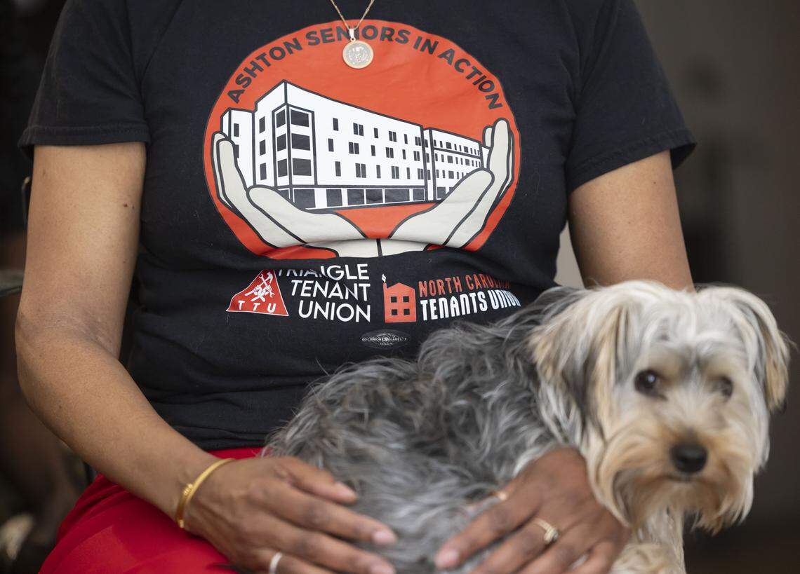 Ashton Place Apartments resident Debra Davies, sports her Triangle Tenant Union shirt, during a meeting with fellow residents, voicing their concerns for maintenance, and safety in their building on Jackson Street in Durham, N.C. on Thursday, April 16, 2026