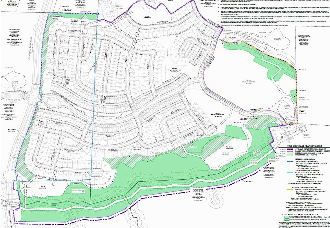 A preliminary site plan for Asteria, a Storyliving by Disney community planned for Pittsboro, shows winding streets lined with single family homes, townhomes, duplexes and quadplexes. Over 50 acres of trees and a variety of public spaces and parks are also planned.