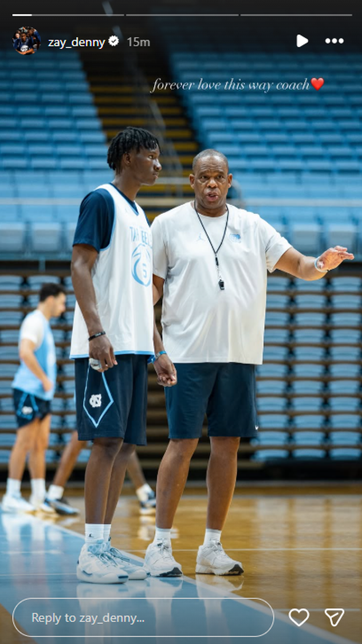 UNC basketball player Isaiah Denis posted a photo on his Instagram stories in support of coach Hubert Davis March 24, 2026, after Davis was let go as coach of the Tar Heels.