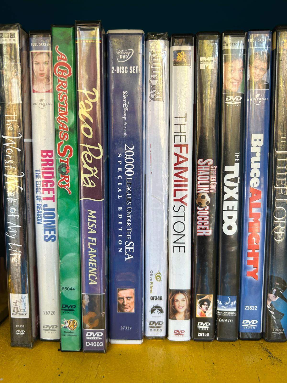 DVD titles inside a Carrboro Free Blockbuster box