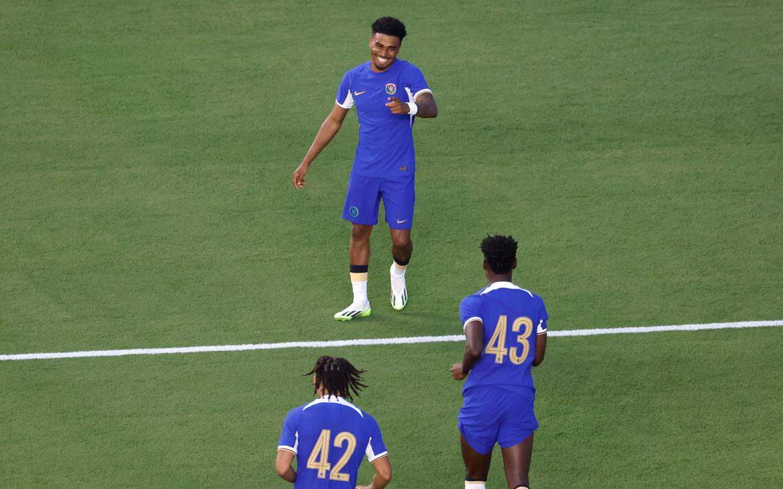 Chelsea’s Ian Maatsen celebrates after scoring during the first half of Chelsea Football Club’s friendly match against Wrexham F.C. at Kenan Stadium in Chapel Hill, N.C., Wednesday, July 19, 2023.