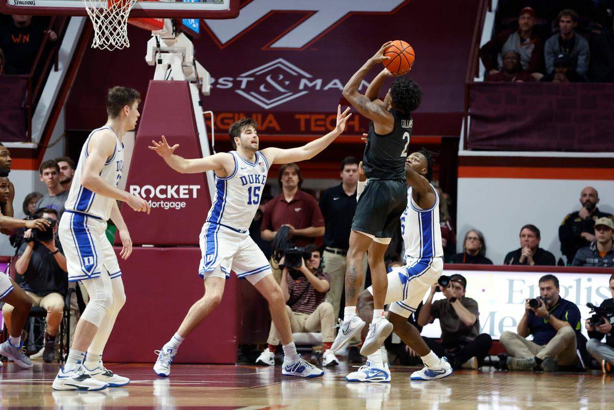 Virginia Tech’s MJ Collins (2) makes a shot with 13-seconds left in the game to put the Hokies up 77-75 during Virginia Tech’s 78-75 victory over Duke at Cassell Coliseum in Blacksburg, VA., Monday, Jan. 23, 2023.