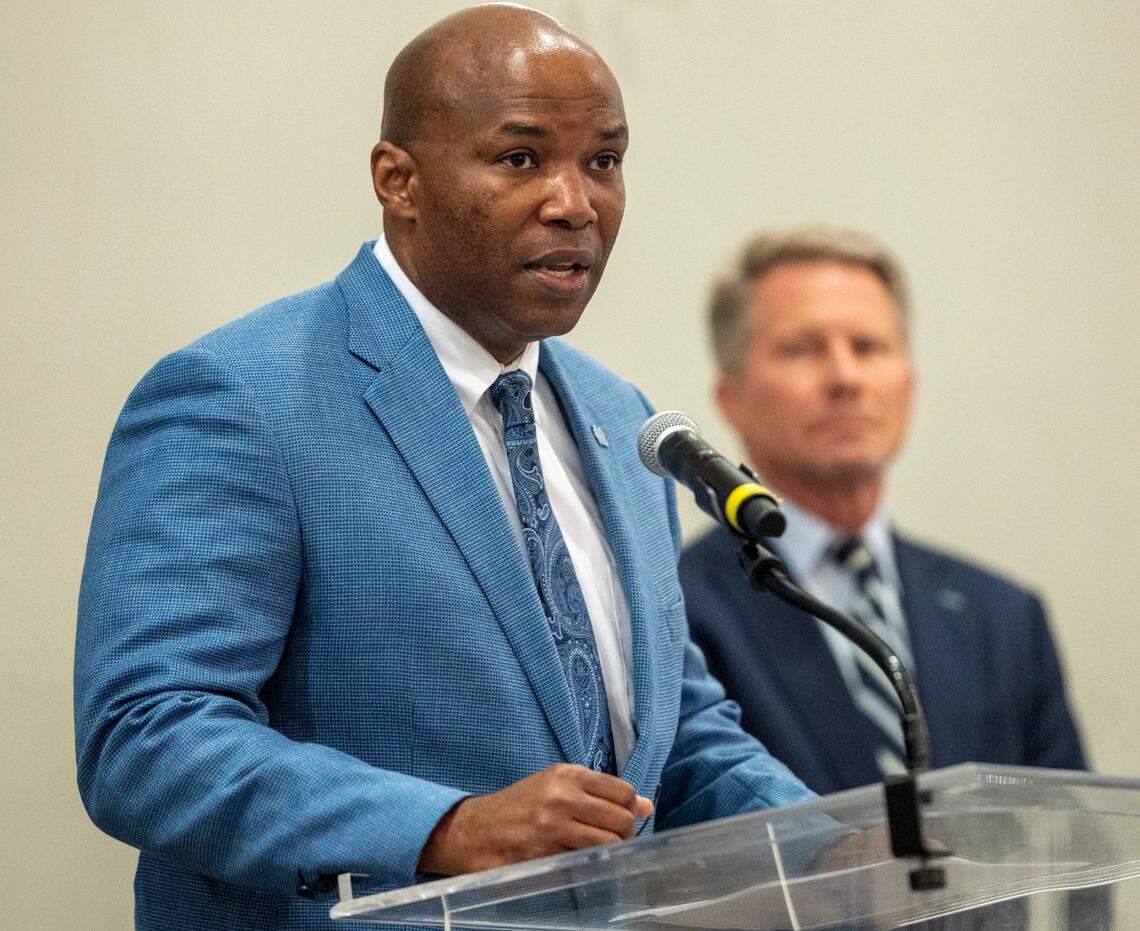 UNC Police Chief Brian James speaks during a press briefing at the Carolina Inn, where he and University of North Carolina Chancellor Kevin Guskiewicz announced that one university faculty member was killed in a shooting at Caudill Laboratories on Monday, August 28. 2023 in Chapel Hill, N.C.