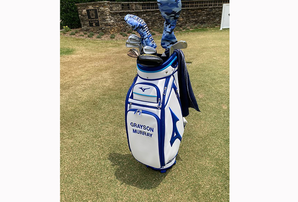 Grayson Murray’s PGA Tour golf bag stands on first tee at Raleigh Country Club on June 1, 2025, as the late Raleigh native was remembered with an honorary tee time at UNC Health Championship. Chip Alexander