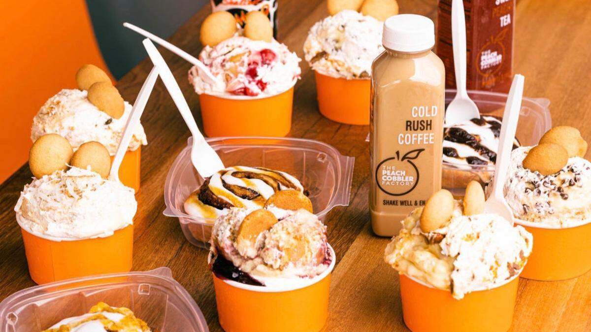 The Peach Cobbler Factory serves a variety of classic Southern desserts, including 12 different fruit cobblers.
