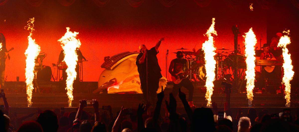 Flames shoot from the main stage as Jelly Roll performs at Raleigh’s Lenovo Center.