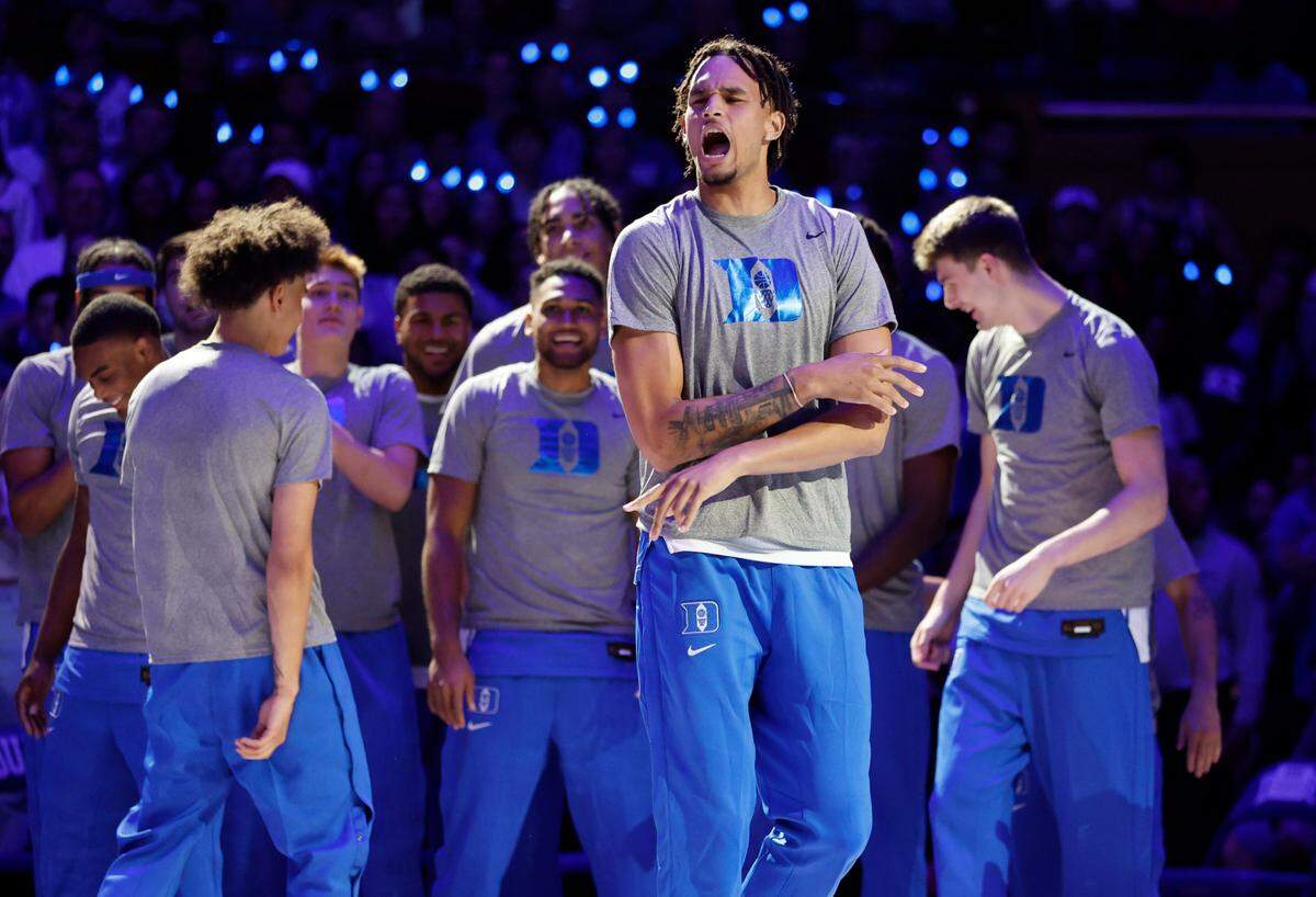 Duke’s Dereck Lively II is introduced during Duke’s Countdown to Craziness at Cameron Indoor Stadium in Durham, N.C., Friday, Oct. 21, 2022.