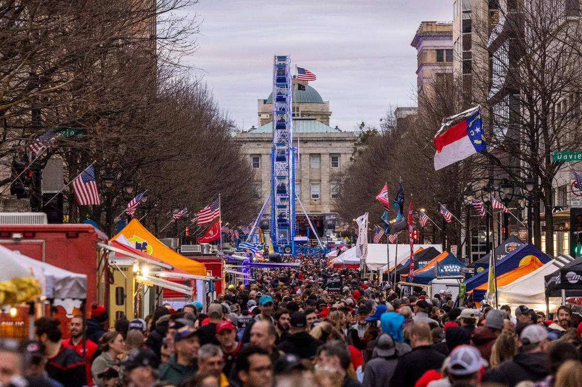Carolina Hurricanes fans pack Fayetteville Street during the Carolina Hurricanes Fan Fest 2023, a free, all-day party in downtown Raleigh Friday, Feb. 17, 2023.