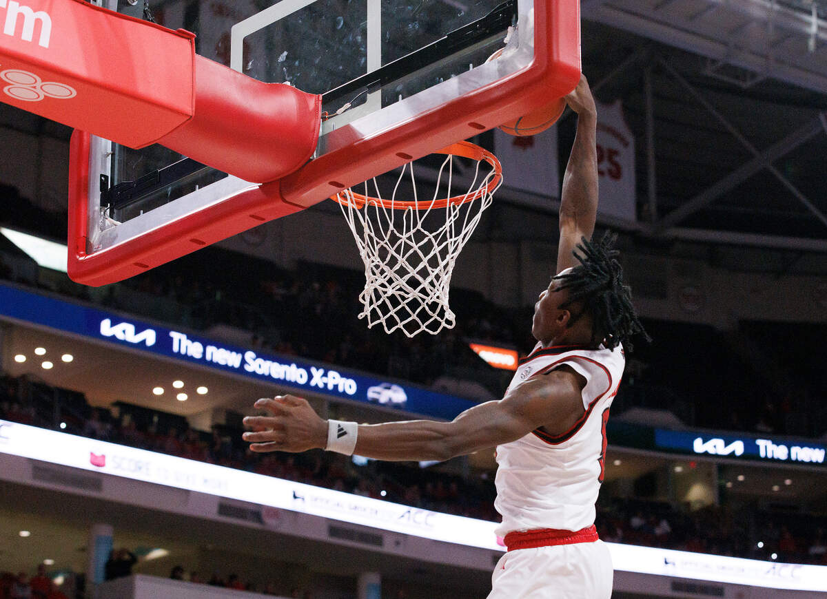N.C. State’s Trey Parker lays in two during the second half of the Wolfpack’s 82-70 win over Coastal Carolina on Wednesday, Nov. 13, 2024, at Lenovo Center in Raleigh, N.C.