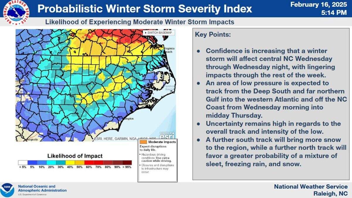 Forecasters say there is nearly a 100% chance of precipitation in Raleigh and the Triangle on Wednesday and that with Arctic air in place by then, it could fall as snow or a mix of snow, sleet and freezing rain.