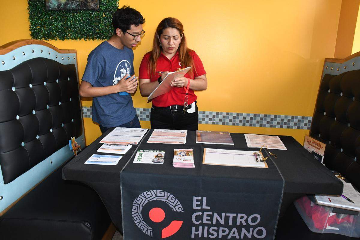 Jalexis Torres, 16 years old, pre-registered to vote at a Mexican restaurant during an event organized by El Centro Hispano on May 5, 2024.