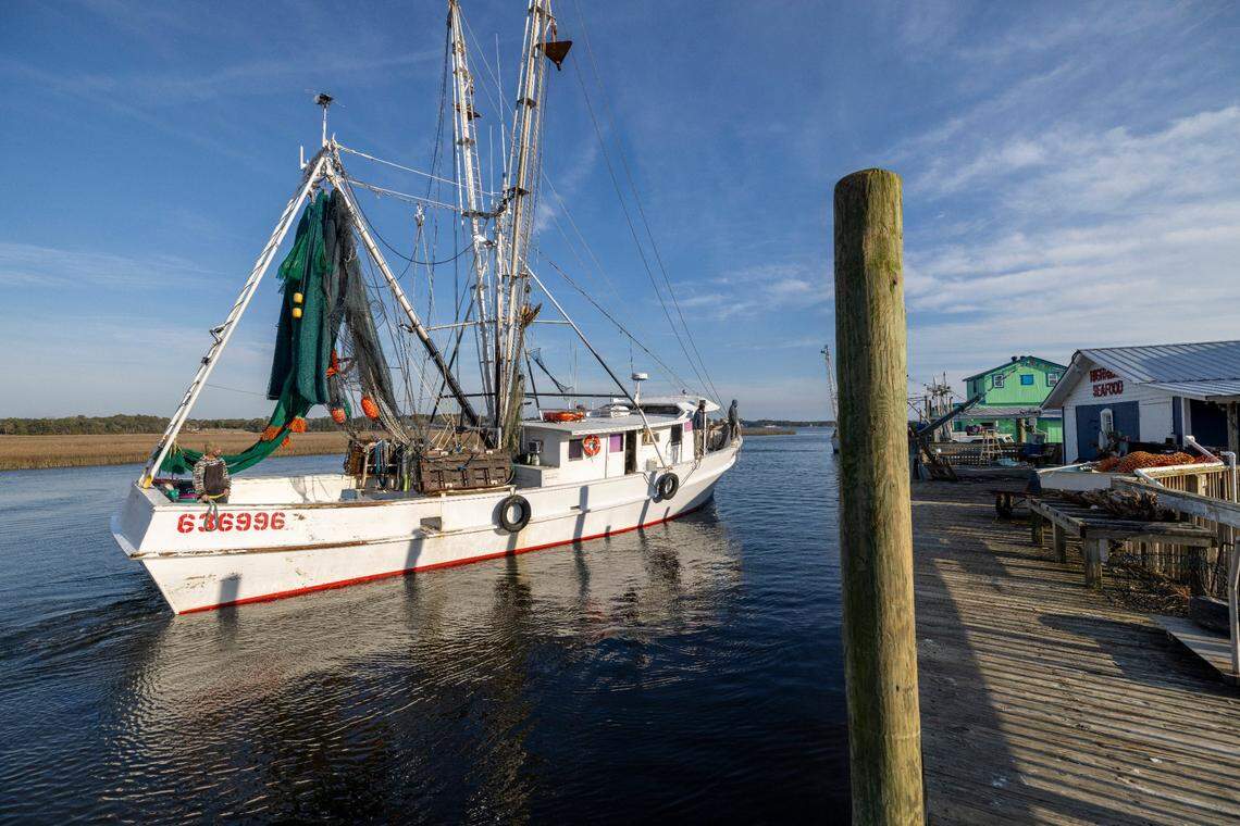 The shrimp comes into port after several days shrimping off the North Carolina coast on February 22, 2024 in Varnamtown, N.C.