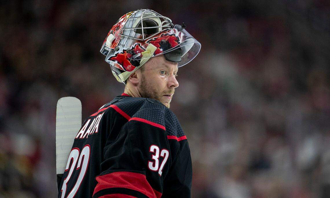 Carolina Hurricanes goalie Antii Raanta (32) before his injury in the first period against Boston on Wednesday, May 4, 2022 during game two of their Stanley Cup first round series at PNC Arena in Raleigh, N.C.