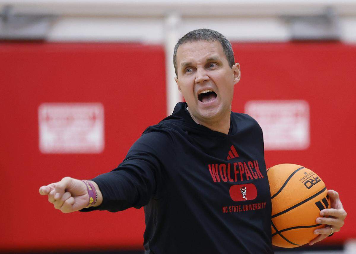 N.C. State head coach Will Wade gives instructions during his team’s first official practice on Monday, Sept. 22, 2025, in Raleigh, N.C. at Dail Basketball Center. 