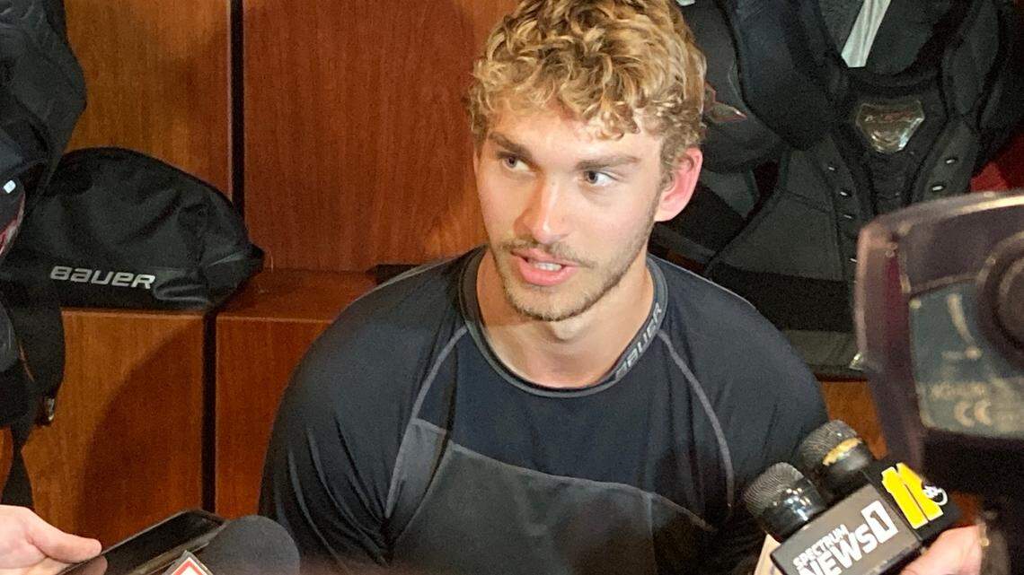 Defenseman Jeremiah Slavin, the youngest brother of the Carolina Hurricanes’ Jaccob Slavin, is attending the team’s prospects development camp.
